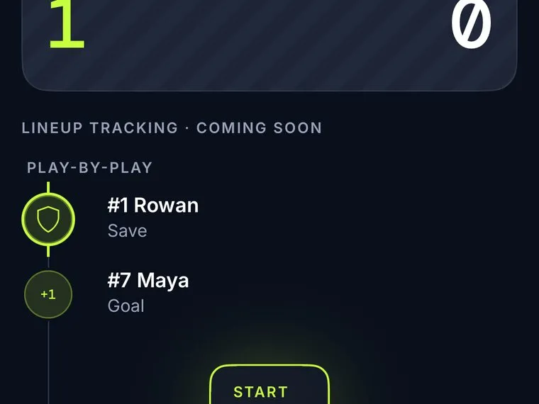 The live GameCaller soccer screen showing Riverside leading Northside and a play-by-play with a goalkeeper save and a goal by Maya.