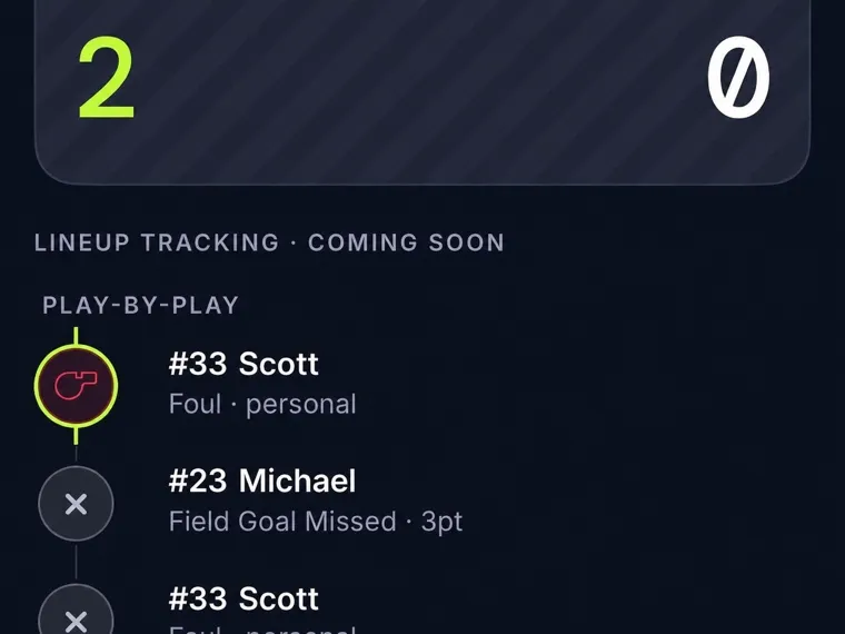 The GameCaller basketball play-by-play showing a personal foul on Scott and a missed three-point field goal by Michael beneath a 2 to 0 score.